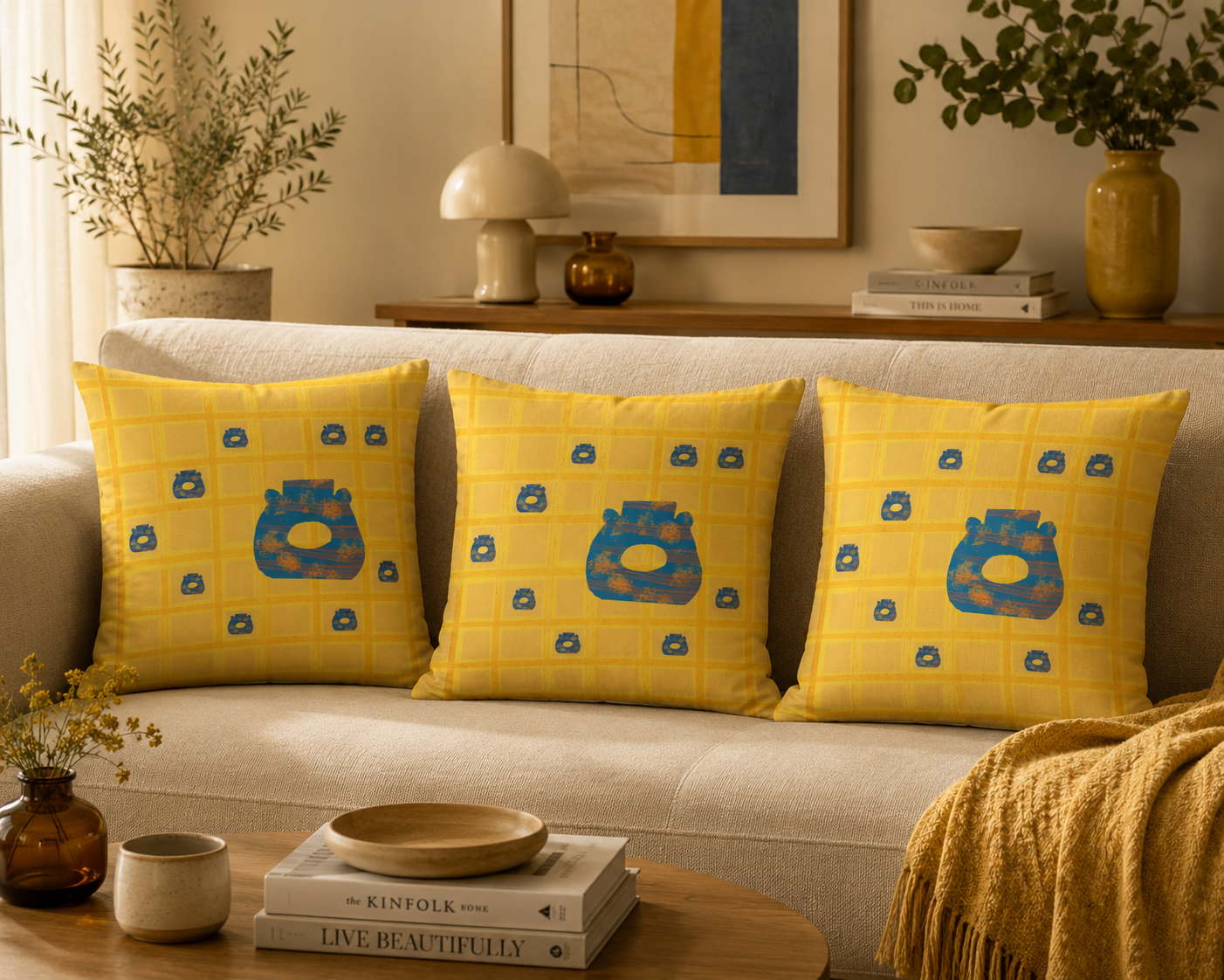 Golden Grid Harmony Cotton Pillow – Abstract Blue Vessels Decorative Cushion