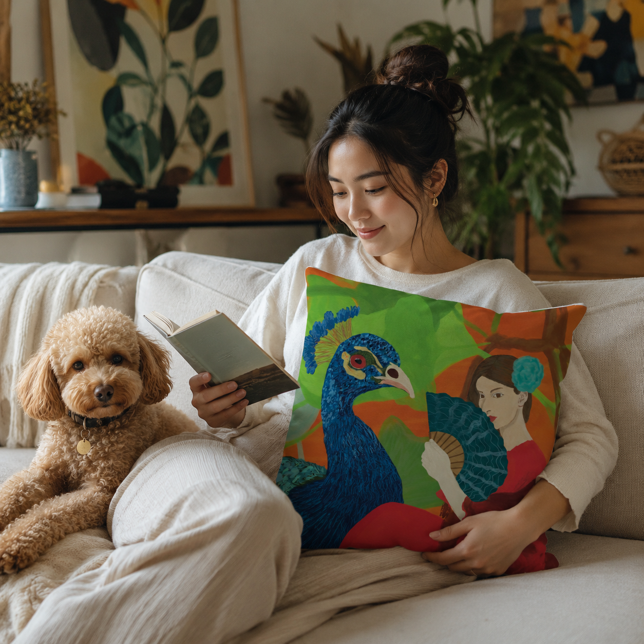 Crimson Gaze Cotton Pillow – Whimsical Woman & Peacock Decorative Cushion