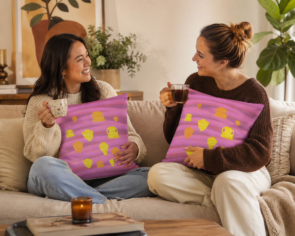 Amber Vessels Cotton Pillow – Abstract Orange Still Life Decorative Cushion