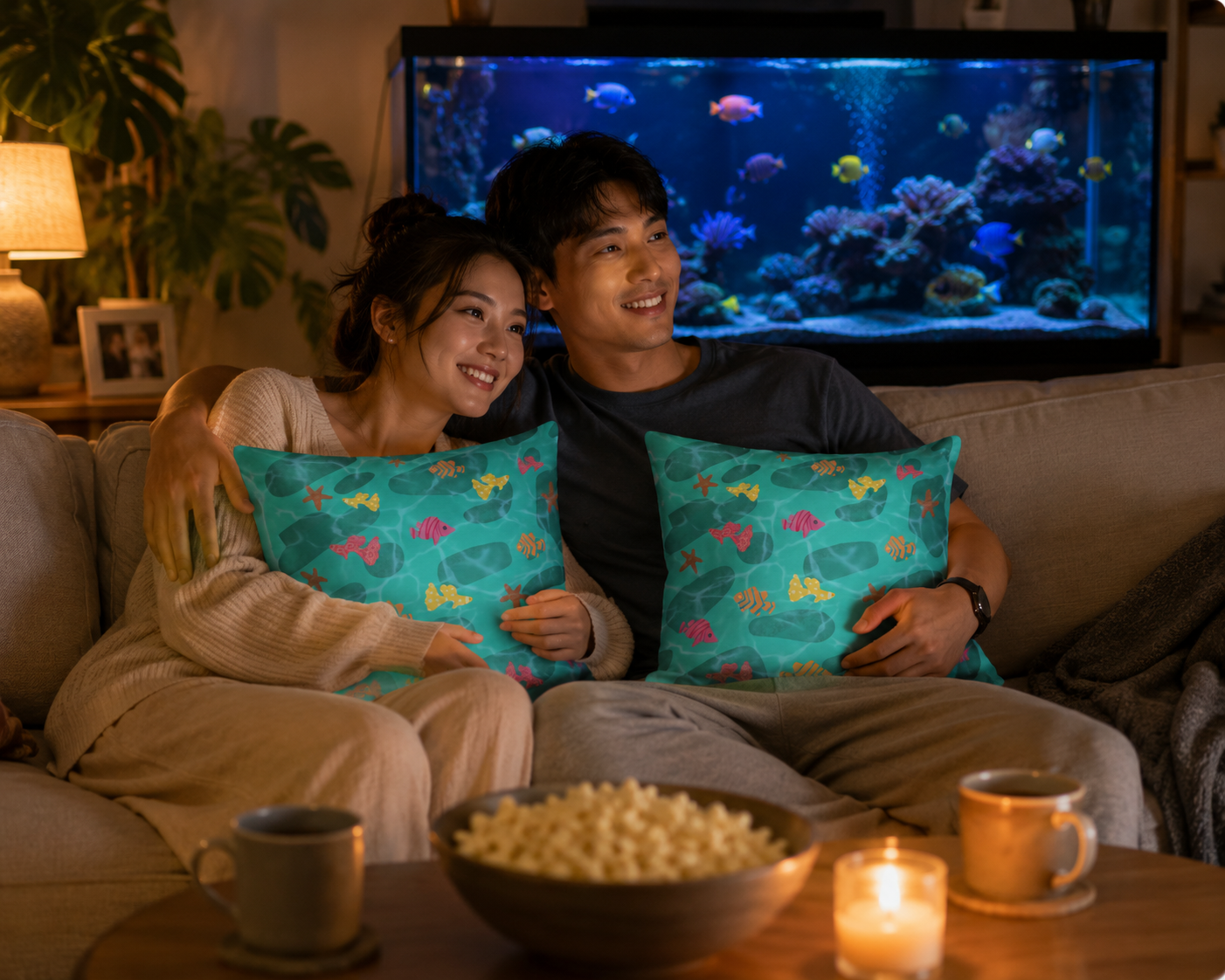 Beneath the Current Cotton Pillow – Abstract Underwater Fish Decorative Cushion