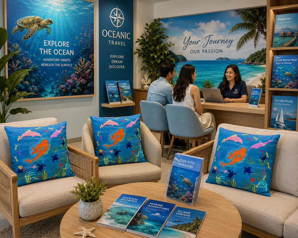 Aquatic Rhythm Cotton Pillow – Whimsical Mermaid & Marine Life Decorative Cushion