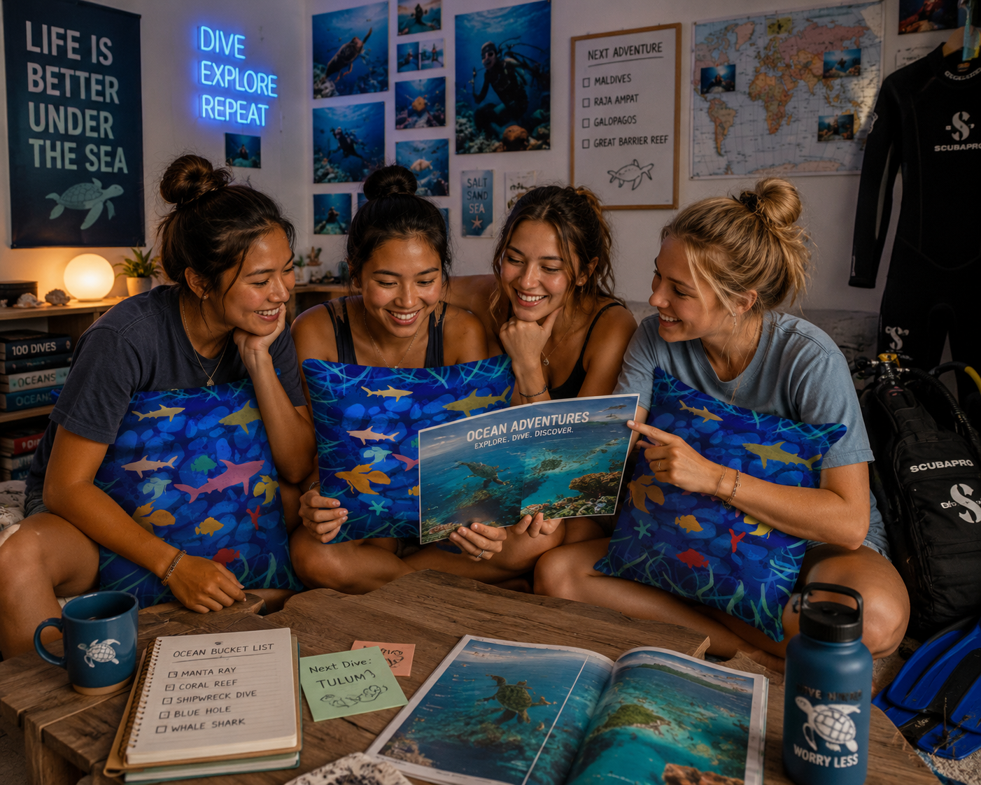 Ocean Sanctuary Cotton Pillow – Abstract Shark & Marine Life Decorative Cushion