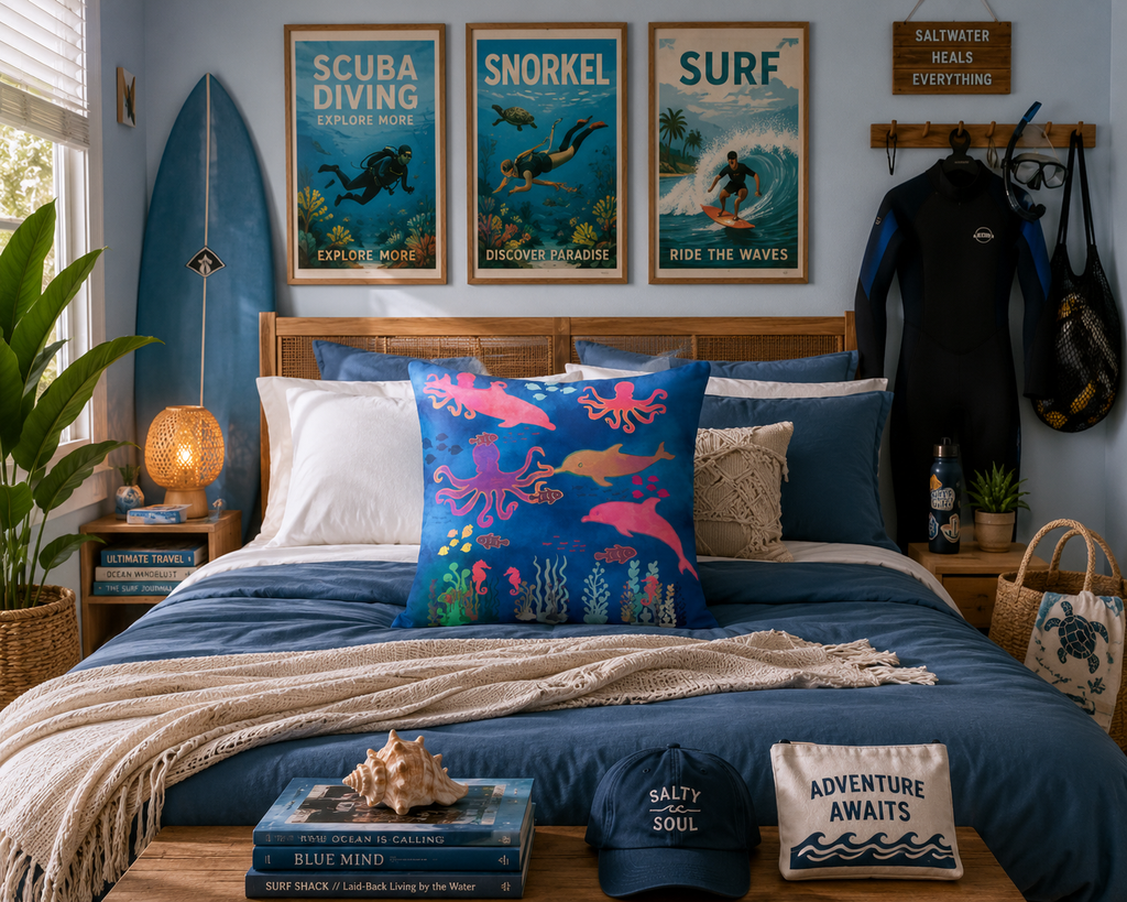 Aquatic Rhythm Cotton Pillow – Dolphin & Marine Life Decorative Cushion