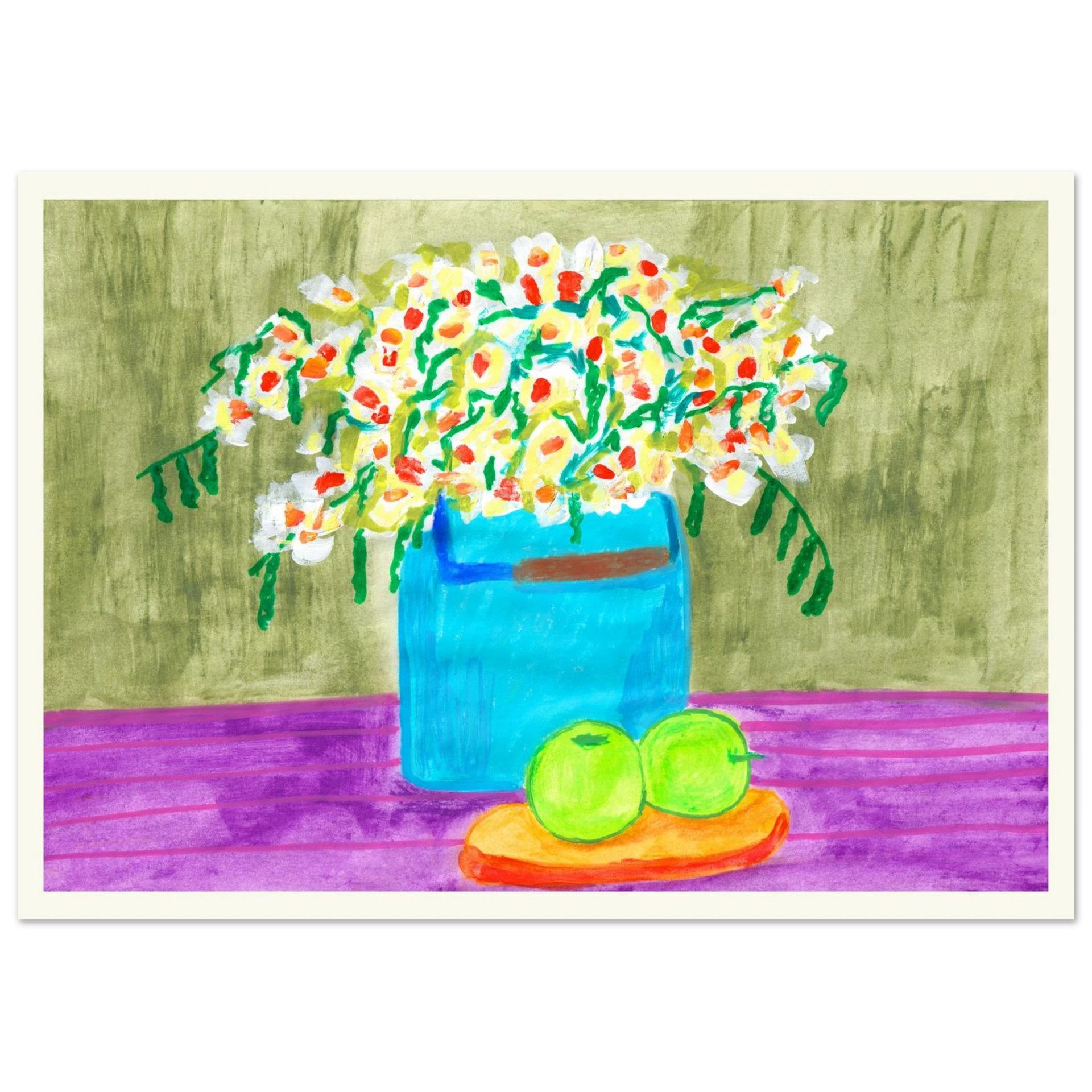 Abstract Still Life Art Print: White Flowers, Blue Bucket & Green